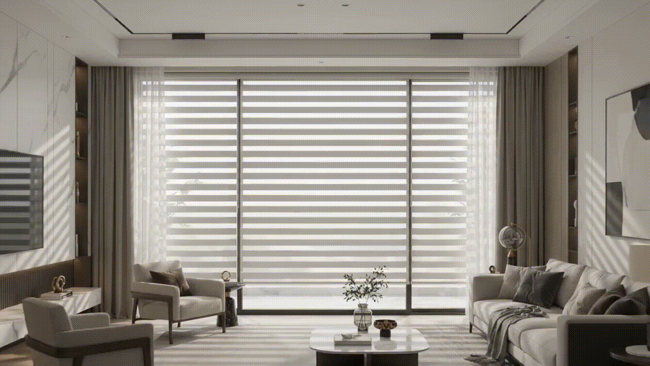 Live demonstration sample of Deetu custom motorized window blinds in motion