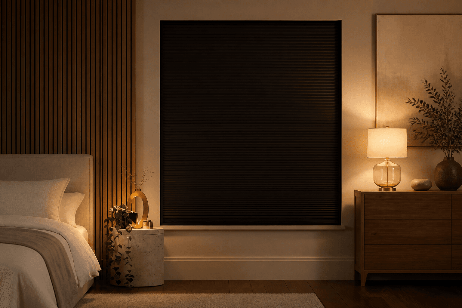 Blackout Shades - night bedroom with full blackout