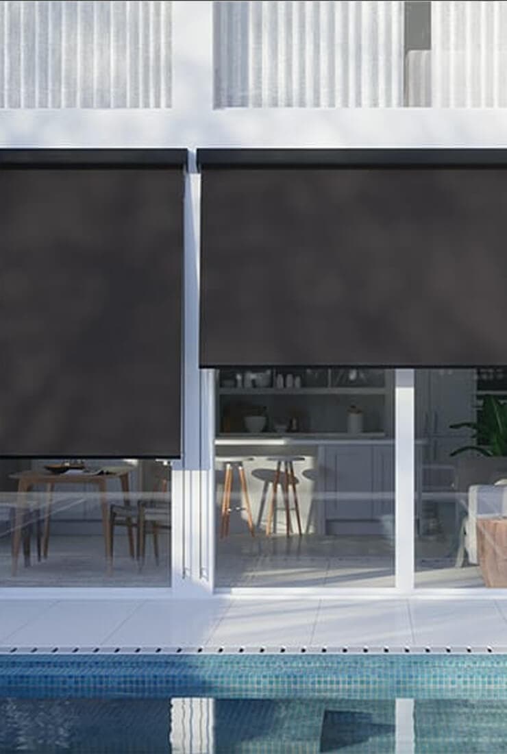 Outdoor patio with weatherproof motorized shading