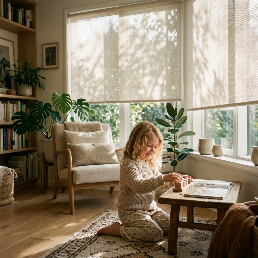 Child enjoying gentle morning light filtered through solar window shades