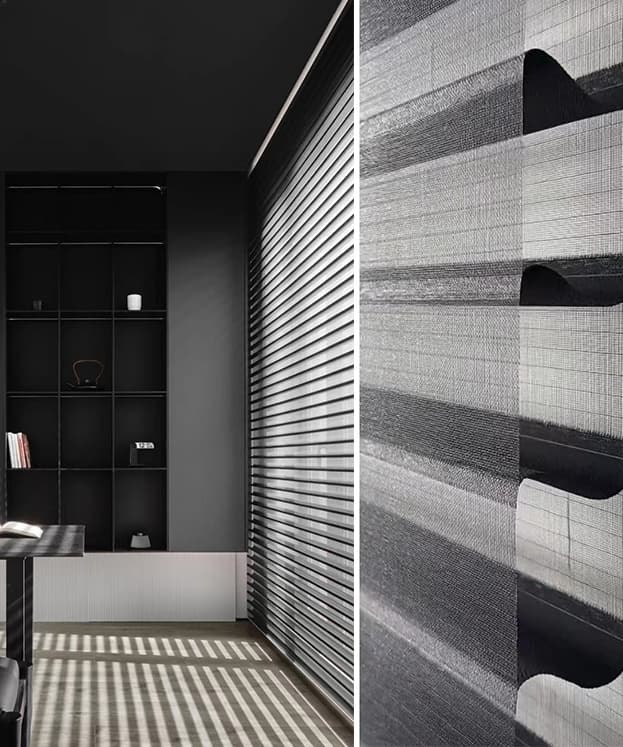 Living room interior with custom blinds