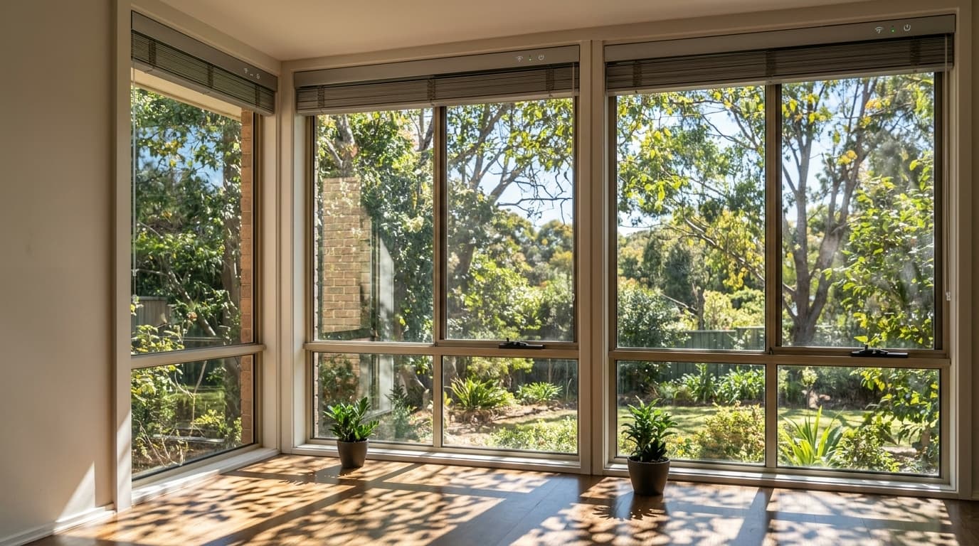 Open motorized window blinds with sunlight